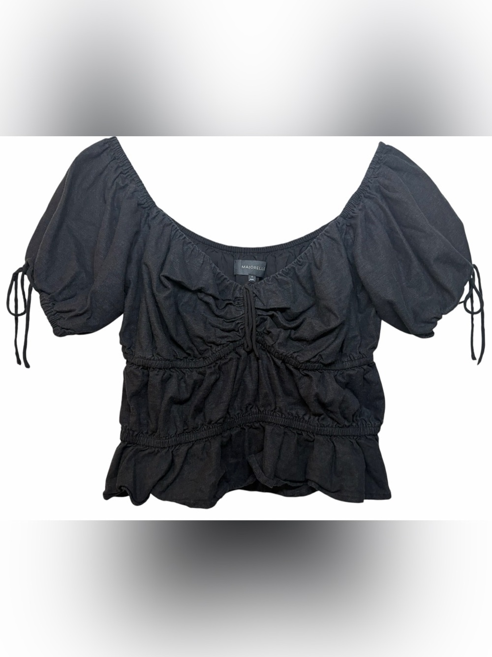 MAJORELLE Black Coquette Puff Sleeve Ruffled Crop Top Linen Blend Sz M Romantic